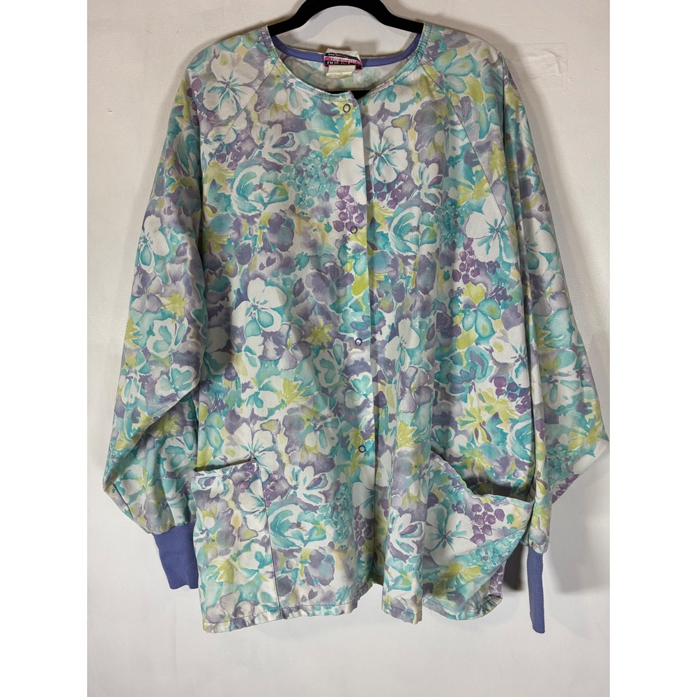 Jasco Uniforms XL Floral Scrub Jacket Blue Purple Snap Front Ribbed Cuffs